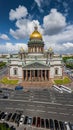 Aerial photo panorama of Isaac cathedral at day time, panorama of city, cityscape, golden dome, Neva river, square, streets and