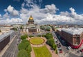 Aerial photo panorama of Isaac cathedral at day time, panorama of city, cityscape, golden dome, Neva river, square, streets and