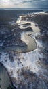 Aerial photo panorama of Koen river under ice and snow. Beautiful winter landscape Royalty Free Stock Photo