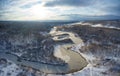 Aerial photo panorama of Koen river under ice and snow. Beautiful winter landscape Royalty Free Stock Photo