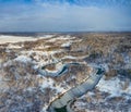 Aerial photo panorama of Koen river under ice and snow. Beautiful winter landscape Royalty Free Stock Photo