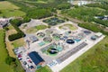 Aerial photo of purification tanks of modern wastewater treatment plant, the waste water and sewage treatment plant is located in Royalty Free Stock Photo