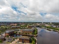 Aerial photo of the River Tee in Middlesbrough a large post-industrial town in the county of North Yorkshire, England, taken on a