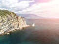 aerial photo of rock Parus Sail and Ayu-Dag Bear Mountain and near Gaspra, Yalta, Crimea at bright sunny day over Royalty Free Stock Photo