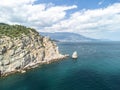 aerial photo of rock Parus Sail and Ayu-Dag Bear Mountain and near Gaspra, Yalta, Crimea at bright sunny day over Royalty Free Stock Photo