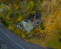 Aerial photo of the ruins of a burnt wooden house after fire