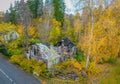 Aerial photo of the ruins of a burnt wooden house after fire