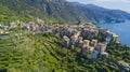 Aerial photo shooting with drone on Corniglia one of the famous Cinqueterre