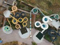 Aerial photo of small aqua park with colorful tubes, view from above, abandoned, nobody Royalty Free Stock Photo