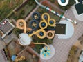 Aerial photo of small aqua park with colorful tubes, view from above, abandoned, nobody Royalty Free Stock Photo