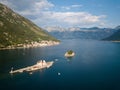 Aerial photo of St. George and monastery on the islands near Perast town in Kotor bay Royalty Free Stock Photo