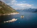 Aerial photo of St. George and monastery on the islands near Perast town in Kotor bay Royalty Free Stock Photo