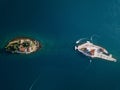 Aerial photo of St. George and monastery on the islands near Perast town in Kotor bay Royalty Free Stock Photo