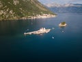 Aerial photo of St. George and monastery on the islands near Perast town in Kotor bay Royalty Free Stock Photo