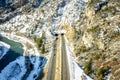 Aerial view Glenwood Springs Tunnel during winter on I-70 heading east to Aspen