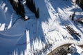 Aerial view winter recreation and sports in Copper Mountain in Colorado with snow fall