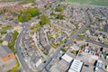 Aerial photo of the village of Morley in Leeds UK, showing an aerial view of the residential street with houses that have solar