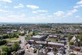 Aerial photo of the village of Morley in Leeds, West Yorkshire in the UK, showing an aerial drone view of the main street and