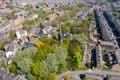 Aerial photo of the village of Morley in Leeds, West Yorkshire in the UK, showing an aerial drone view of the main street and