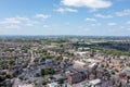 Aerial photo of the village of Morley in Leeds, West Yorkshire in the UK, showing an aerial drone view of the main street and