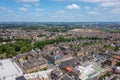 Aerial photo of the village of Morley in Leeds, West Yorkshire in the UK, showing an aerial drone view of the main street and