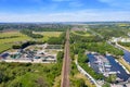 Aerial photo of a Water Treatment plant along side a boating harbour on a beautiful sunny summers day in the town of Methley in Royalty Free Stock Photo