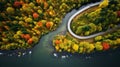 Aerial View Of Autumn River With Colorful Trees - Captivating Photography