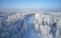 Aerial photo of winter road surrounded by birch forest. Drone shot of trees covered with hoarfrost and snow Royalty Free Stock Photo
