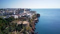 Aerial drone view on Antalya city and harbor.