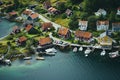 This aerial photograph captures a bustling harbor with a variety of boats docked alongside houses, Aerial view of a fishing