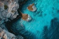 An aerial photograph capturing a panoramic view of a body of water with surrounding landforms