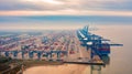 Aerial photograph of Felixstowe container port, rows of stacked multicoloured shipping containers and blue loading gantries