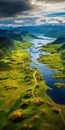 Aerial Photograph Of A Serene Road, Lake, And Mountains In Scottish Landscape Style