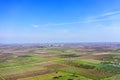 Aerial photographs blooming peach trees in an orchard