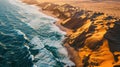 Aerial Photography, aerial view of the Namib Desert meeting the Atlantic Ocean, dramatic interplay of land and sea Royalty Free Stock Photo