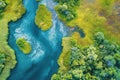Aerial photography capturing vibrant colors in natural landscapes. Colorful river and terrains from above