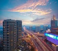 Aerial photography at city elevated bridge of sunset