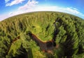 Aerial Photography from Drone. Forest and River view from above, nature of bird`s-eye view. View of peat river among swamps.
