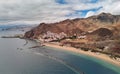 Aerial photography drone point of view of Playa de Las Teresitas beach picturesque distant view of mountainous terrain bright Royalty Free Stock Photo