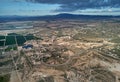 Aerial view region Murcia, countryside area, agricultural fields and meadows, cloudy sky. Spain