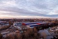 Aerial photography of the evening Industrial district of a large Russian city with warehouses Royalty Free Stock Photo