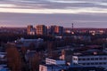 Aerial photography of the evening Industrial district of a large Russian city with warehouses Royalty Free Stock Photo