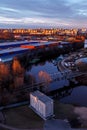 Aerial photography of the evening Industrial district of a large Russian city with warehouses Royalty Free Stock Photo