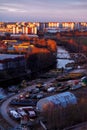 Aerial photography of the evening Industrial district of a large Russian city with warehouses Royalty Free Stock Photo