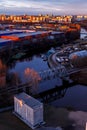 Aerial photography of the evening Industrial district of a large Russian city with warehouses Royalty Free Stock Photo