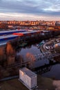 Aerial photography of the evening Industrial district of a large Russian city with warehouses Royalty Free Stock Photo