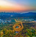 Aerial photography of Meiling Palace Scenic Spot in Nanjing City, Jiangsu Province, China and the Nanjing urban building complex