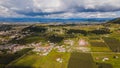 Aerial photography of the Mexican countryside with a small town, in the municipality of Almoloya de Juarez, 2