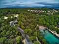 Aerial photography picturesque small village of Banyalbufar. Mallorca, Spain Royalty Free Stock Photo