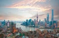 Aerial photography at Shanghai bund Skyline of sunrise